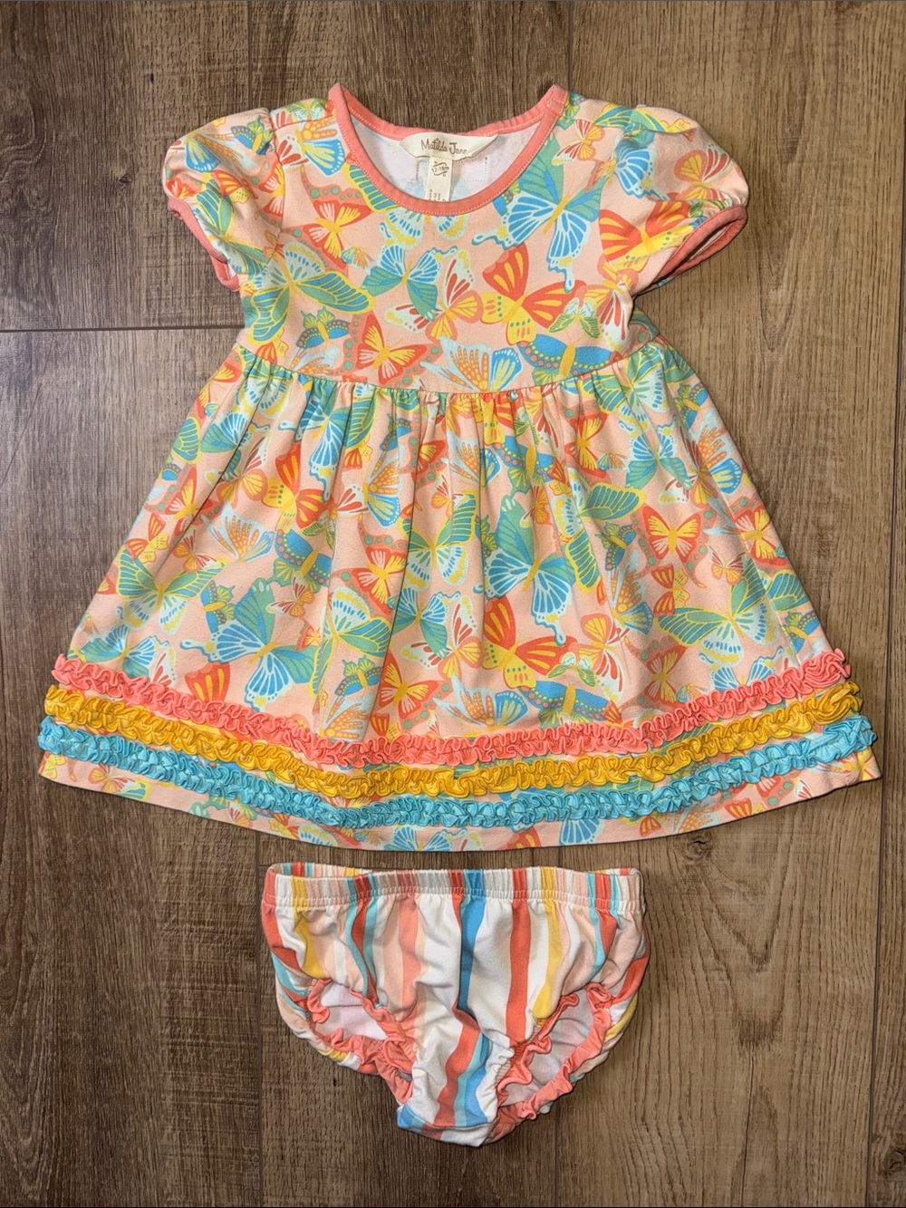 Matilda Jane Peach Butterfly Dress with Yellow & Blue Ruffle Trim